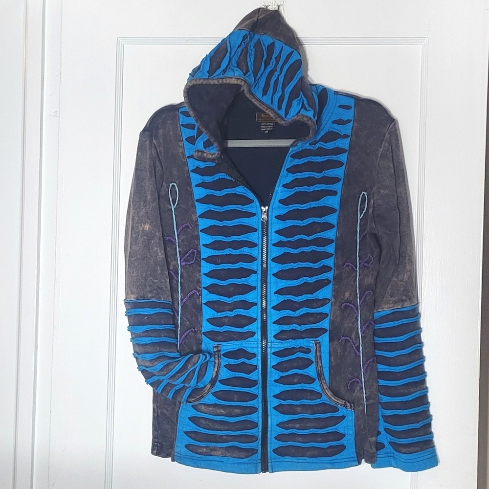 Rising International Razor Cut Boho Hoodie Blue Charcoal Slashed Zip Jacket M